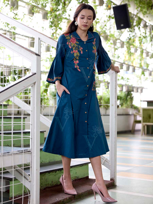 Teal Blue Embroidered Cotton Dress