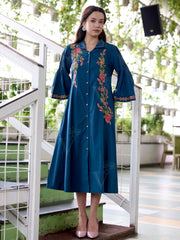 Teal Blue Embroidered Cotton Dress