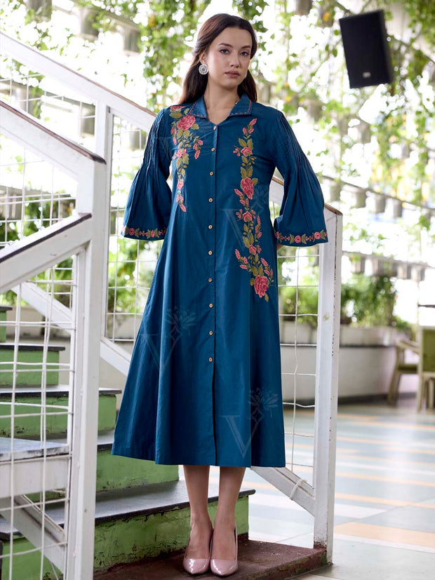 Teal Blue Embroidered Cotton Dress