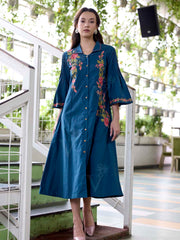 Teal Blue Embroidered Cotton Dress