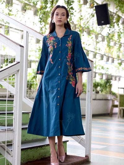 Teal Blue Embroidered Cotton Dress