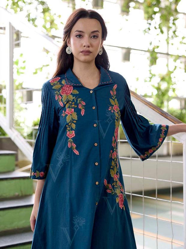 Teal Blue Embroidered Cotton Dress