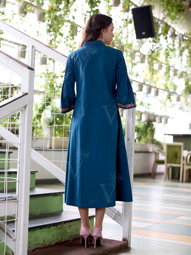 Teal Blue Embroidered Cotton Dress