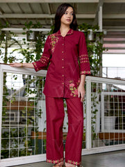 Wine Embroidered Cotton Co-Ord Set