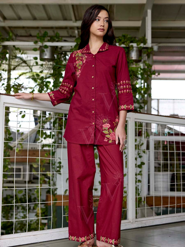 Wine Embroidered Cotton Co-Ord Set