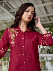 Wine Embroidered Cotton Co-Ord Set