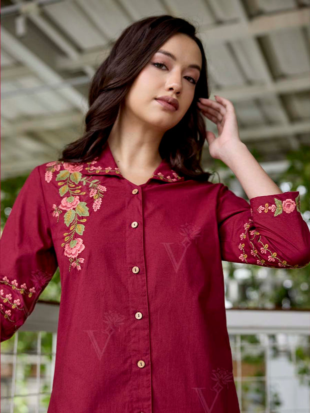Wine Embroidered Cotton Co-Ord Set