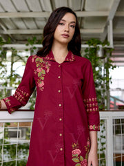 Wine Embroidered Cotton Co-Ord Set