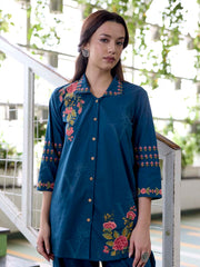 Teal Blue Embroidered Cotton Co-Ord Set
