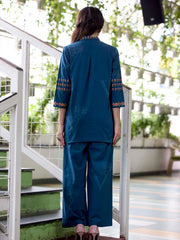 Teal Blue Embroidered Cotton Co-Ord Set