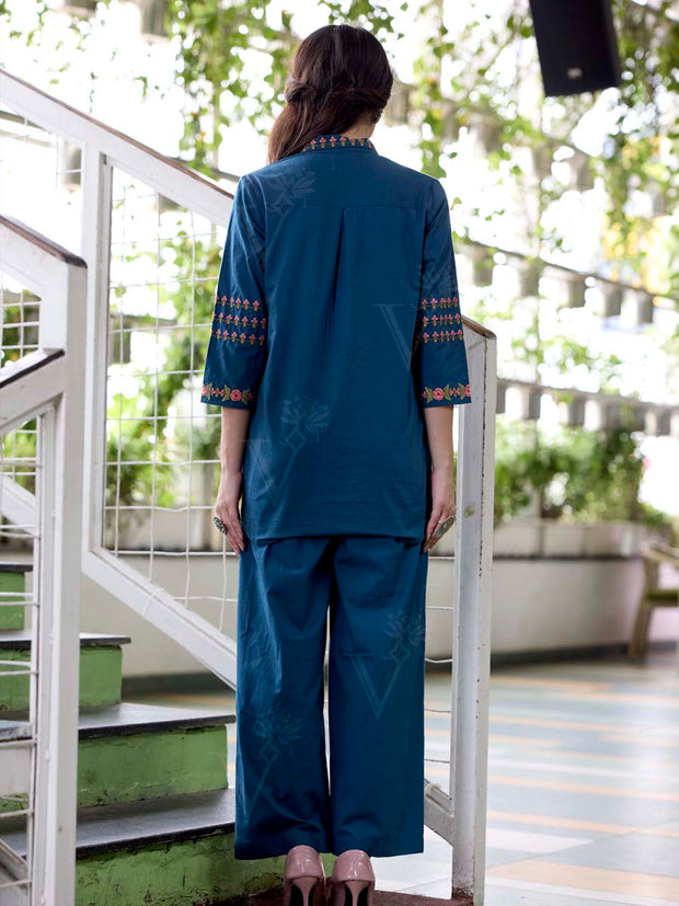 Teal Blue Embroidered Cotton Co-Ord Set