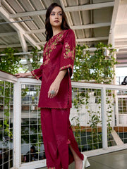 Wine Embroidered Cotton Co-Ord Set