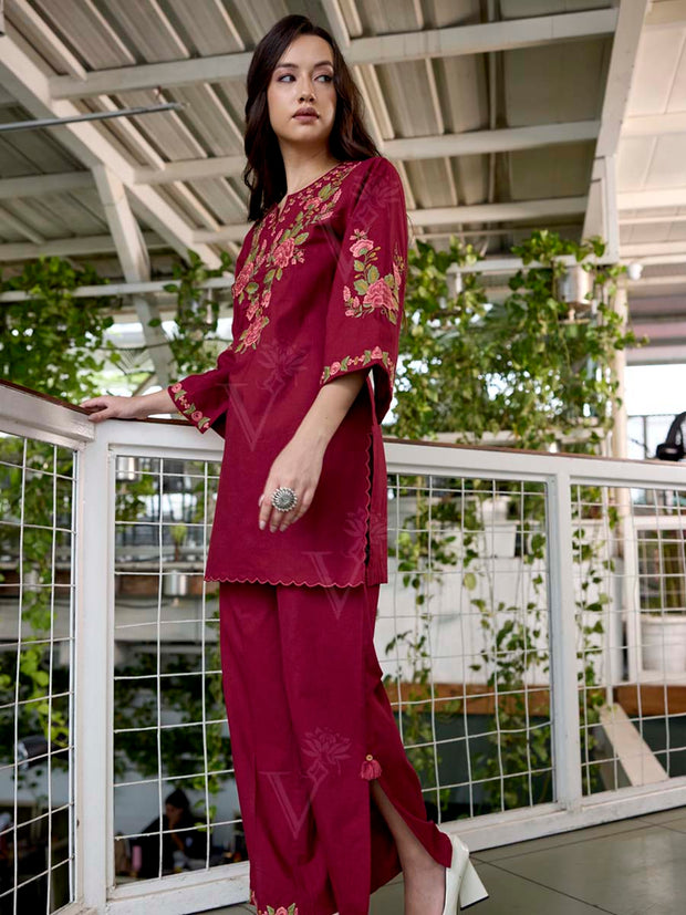 Wine Embroidered Cotton Co-Ord Set