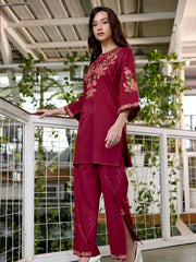 Wine Embroidered Cotton Co-Ord Set
