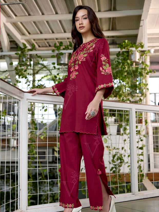 Wine Embroidered Cotton Co-Ord Set