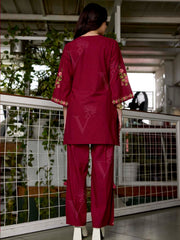 Wine Embroidered Cotton Co-Ord Set