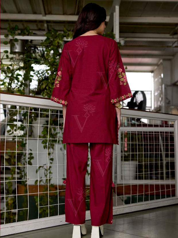 Wine Embroidered Cotton Co-Ord Set