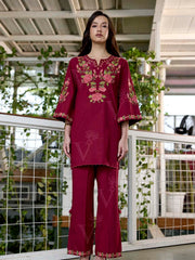 Wine Embroidered Cotton Co-Ord Set