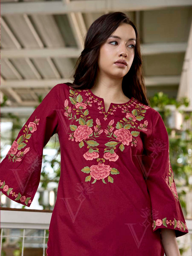Wine Embroidered Cotton Co-Ord Set