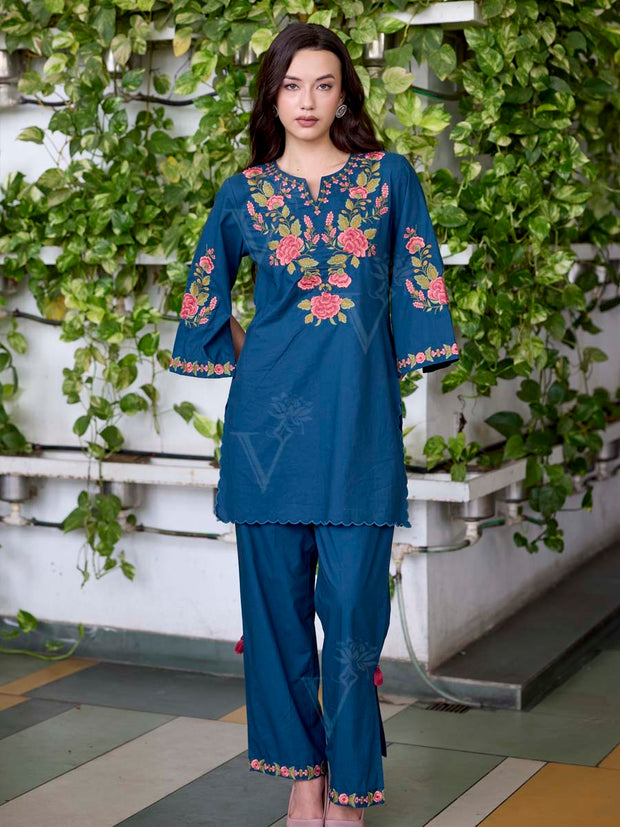 Teal Blue Embroidered Cotton Co-Ord Set