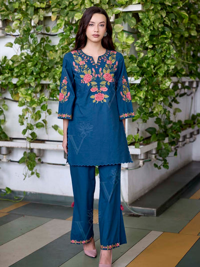 Teal Blue Embroidered Cotton Co-Ord Set