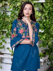 Teal Blue Embroidered Cotton Co-Ord Set