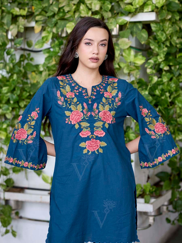 Teal Blue Embroidered Cotton Co-Ord Set