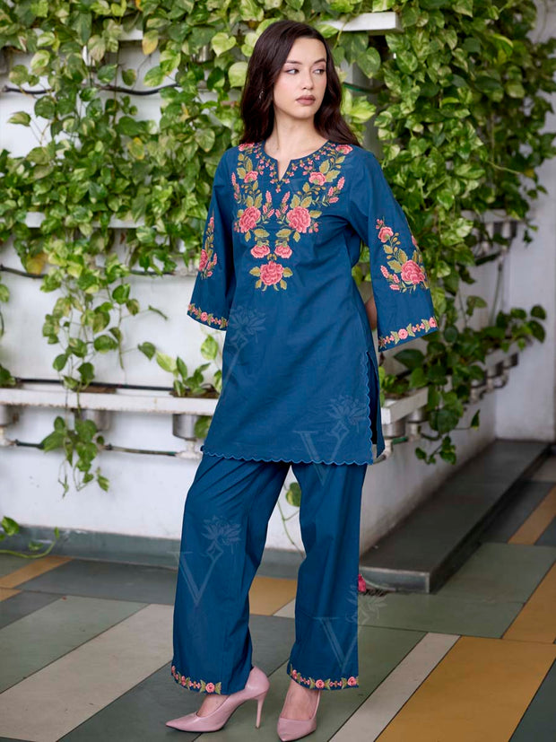 Teal Blue Embroidered Cotton Co-Ord Set