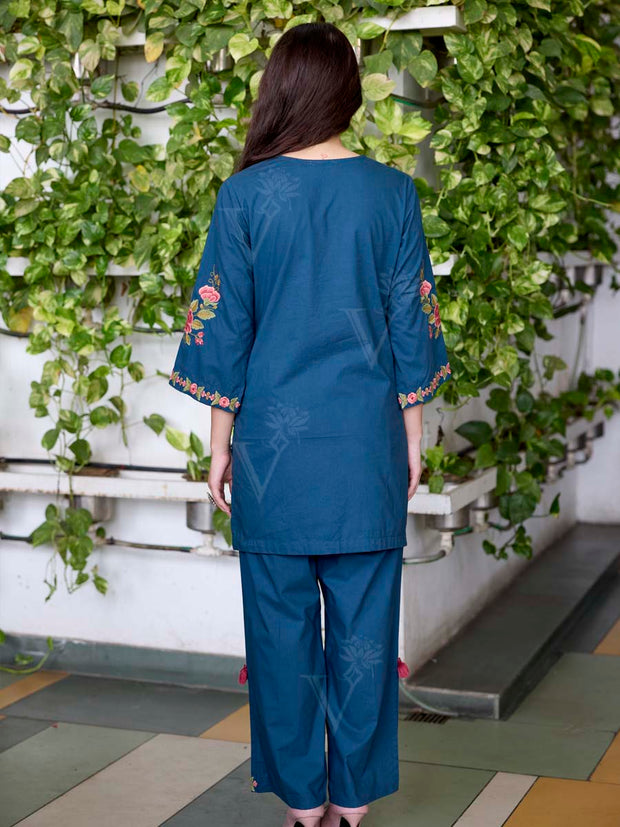 Teal Blue Embroidered Cotton Co-Ord Set