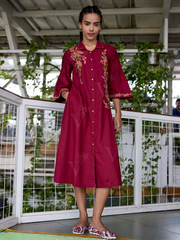 Wine Embroidered Cotton Dress