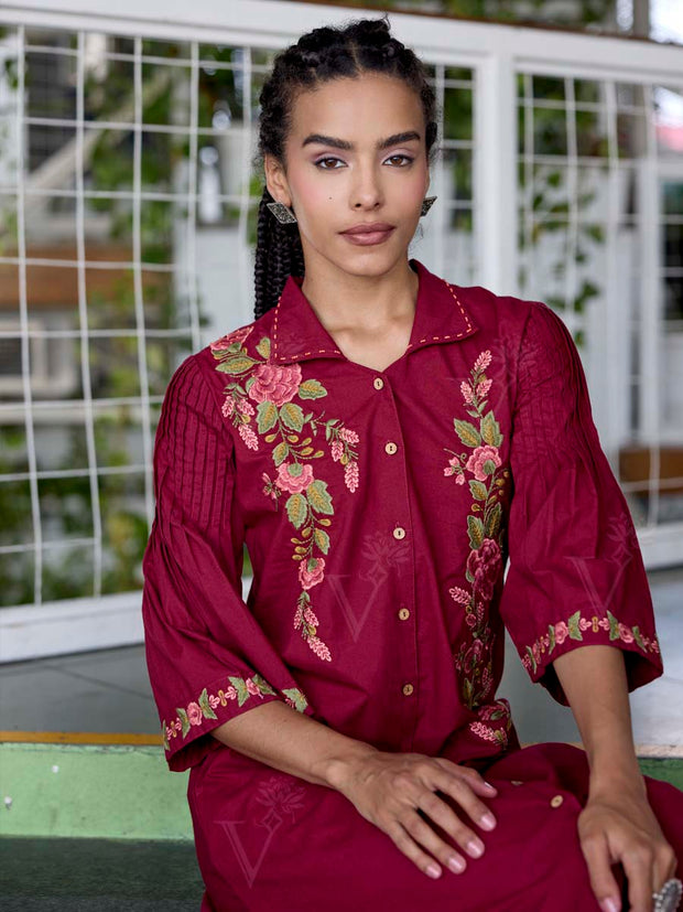 Wine Embroidered Cotton Dress