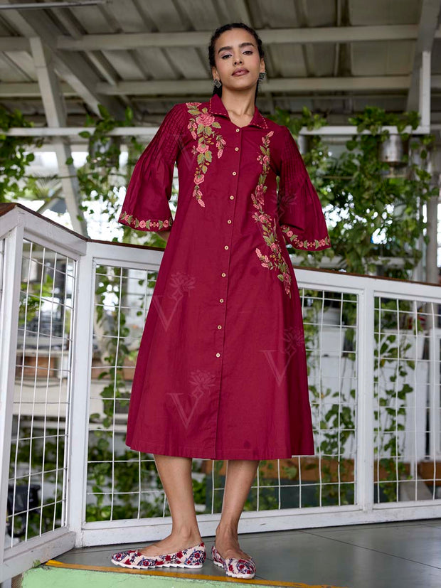 Wine Embroidered Cotton Dress