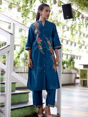 Teal Blue Embroidered Cotton Kurta Set