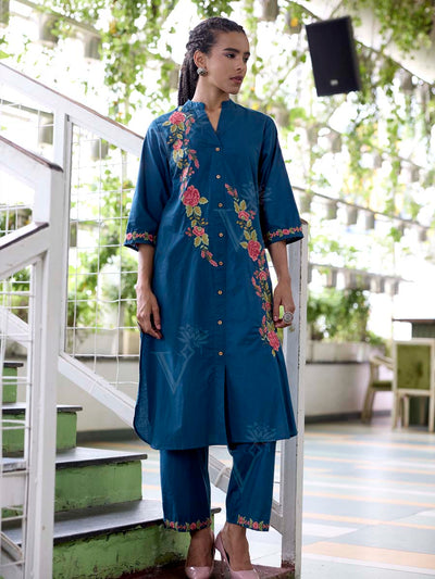 Teal Blue Embroidered Cotton Kurta Set