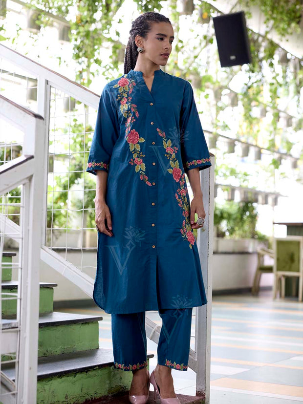 Teal Blue Embroidered Cotton Kurta Set