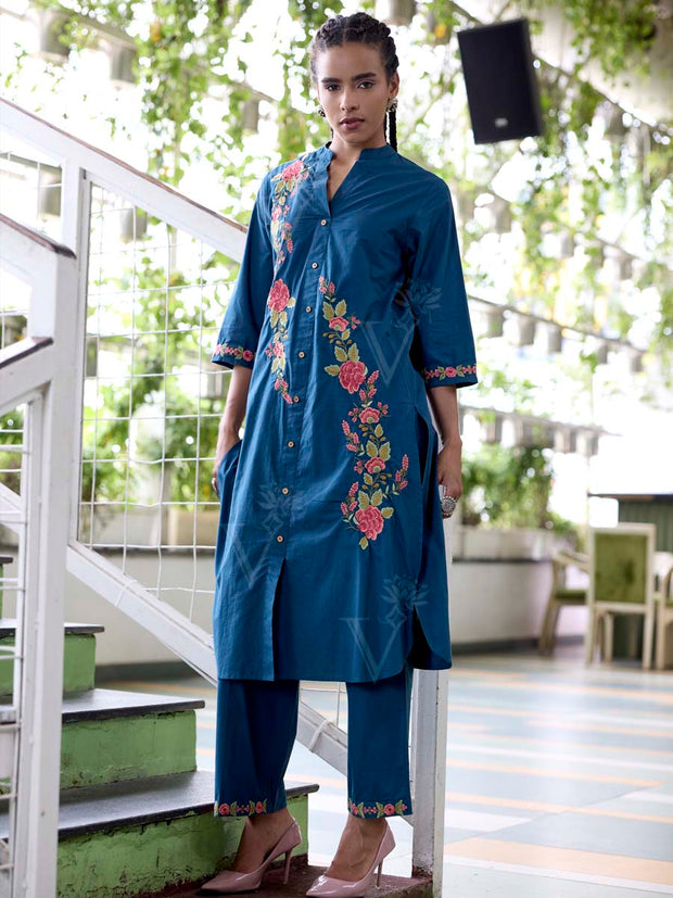 Teal Blue Embroidered Cotton Kurta Set