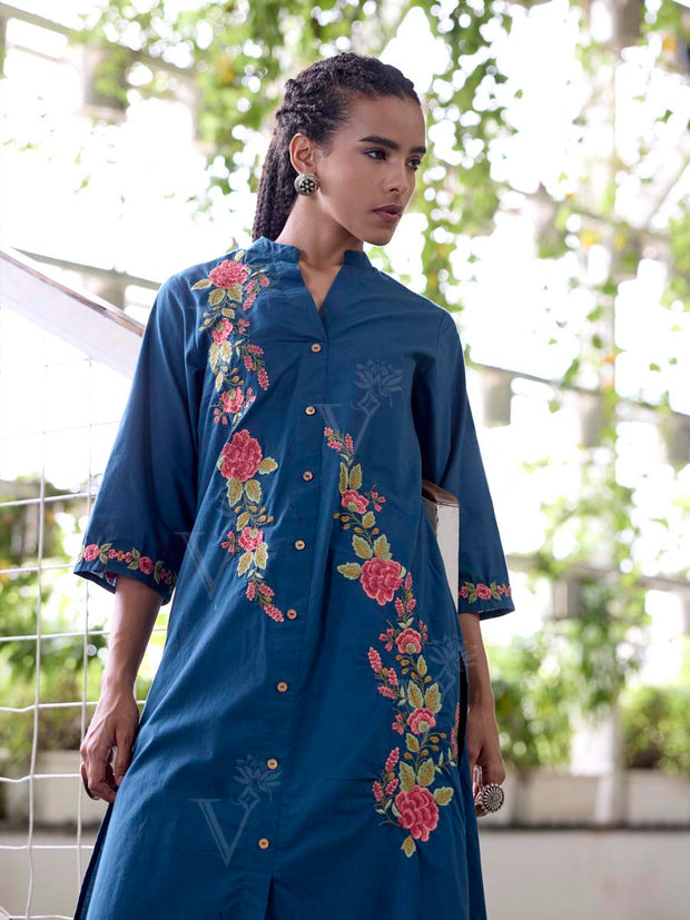 Teal Blue Embroidered Cotton Kurta Set