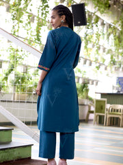 Teal Blue Embroidered Cotton Kurta Set
