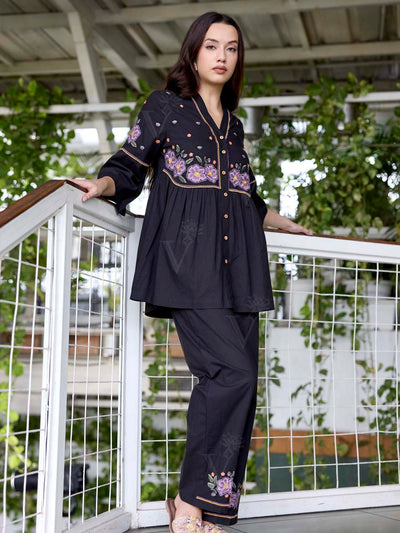 Black Embroidered Cotton Co-Ord Set