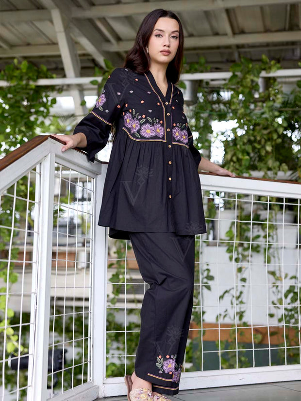 Black Embroidered Cotton Co-Ord Set