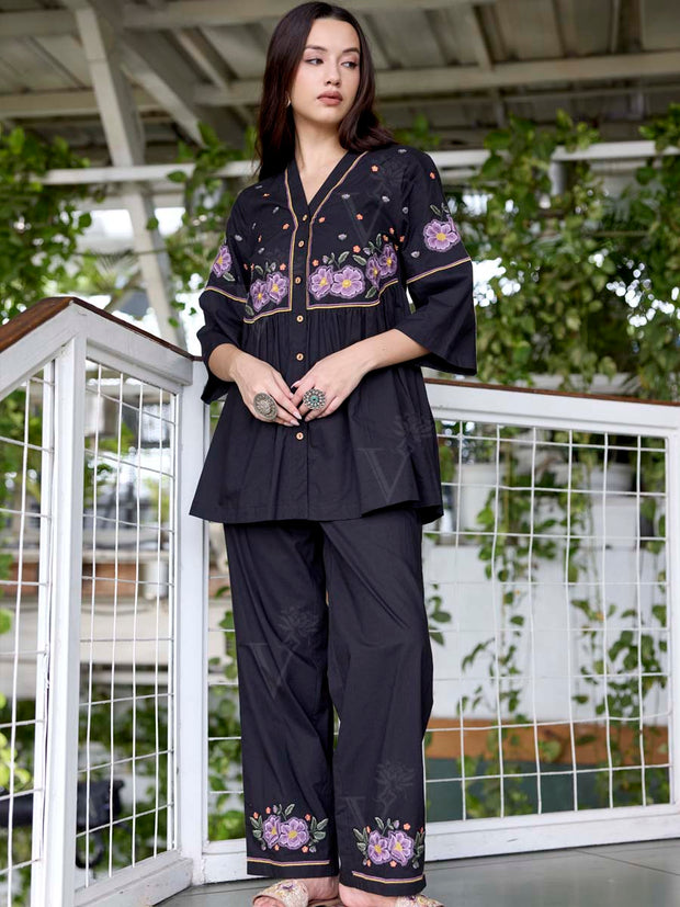 Black Embroidered Cotton Co-Ord Set