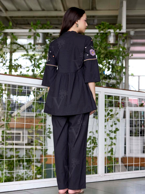 Black Embroidered Cotton Co-Ord Set