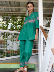 Green Embroidered Cotton Co-Ord Set