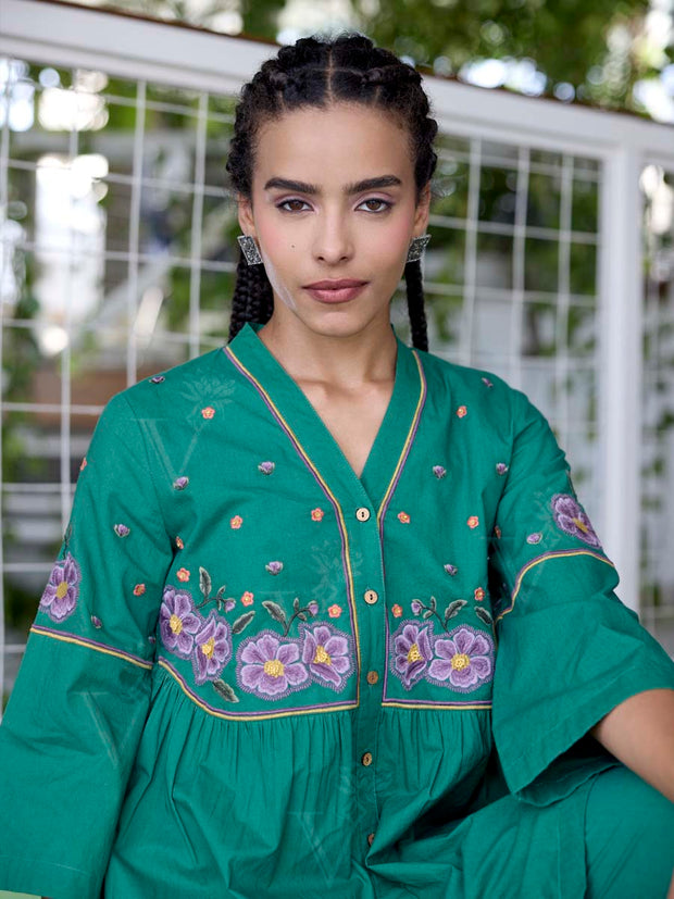 Green Embroidered Cotton Co-Ord Set