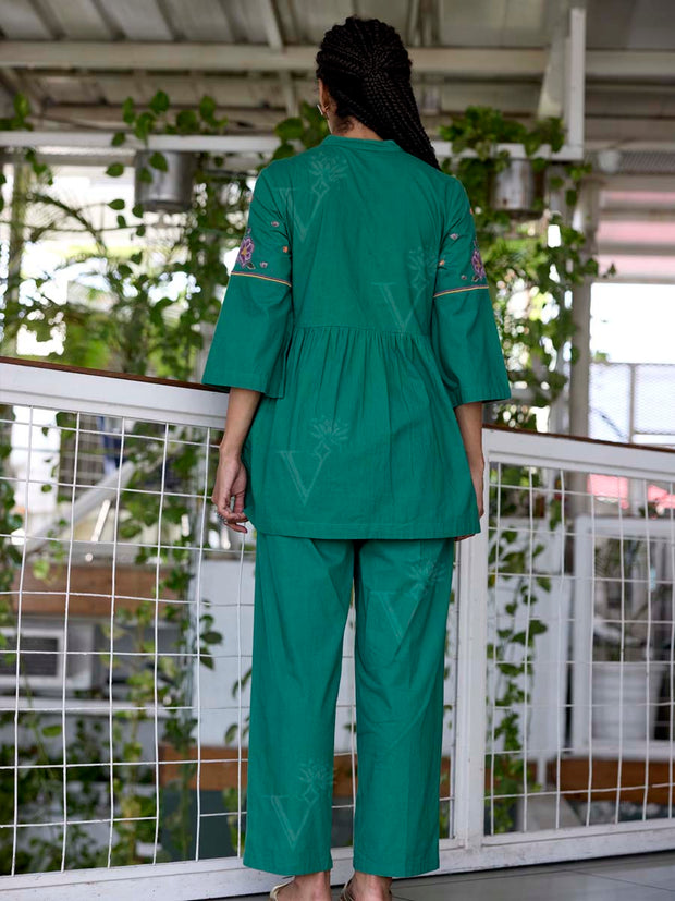 Green Embroidered Cotton Co-Ord Set