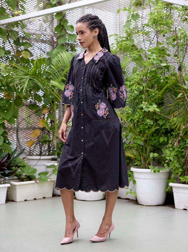 Black Embroidered Cotton Dress