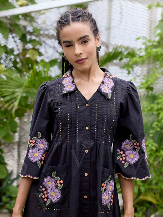 Black Embroidered Cotton Dress