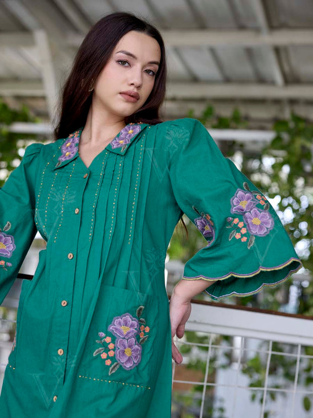 Green Embroidered Cotton Dress