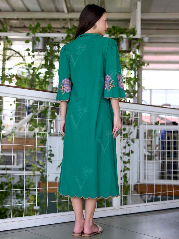 Green Embroidered Cotton Dress