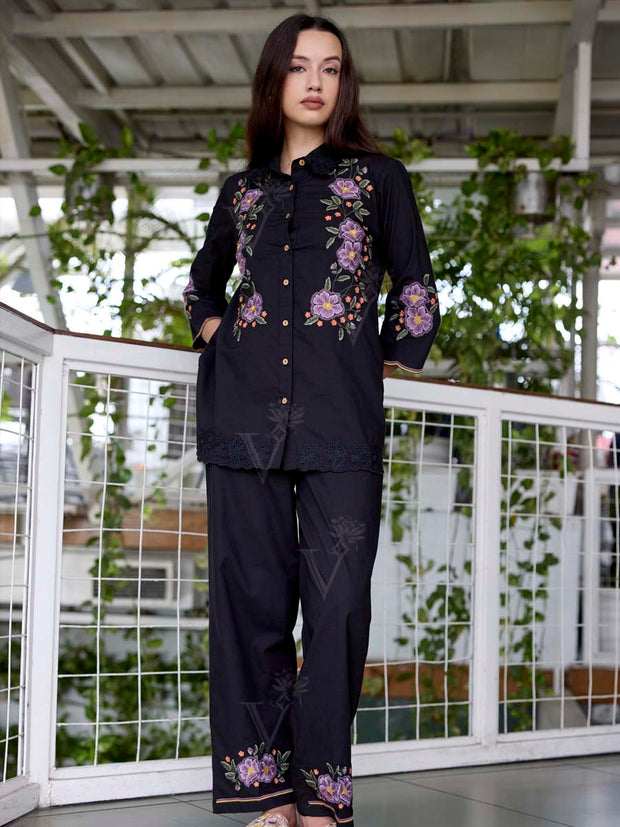 Black Embroidered Cotton Co-Ord Set